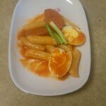 DakkBokki…breakfast version….I added the sausage as an after thought.  My daughter does not like the fish cakes.