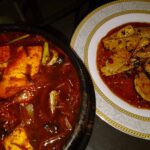 kimchi stew and pan fried tofu with spicy sauce