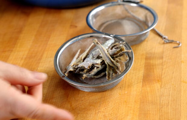 anchovies in strainer
